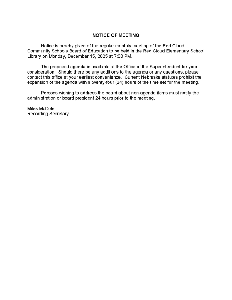 December 15, 2025 Board Meeting Notice