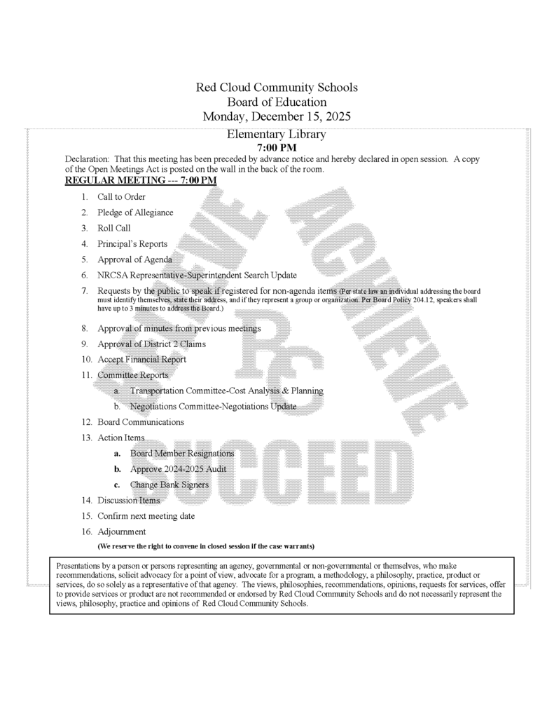 December 15, 2025 Board Meeting Agenda