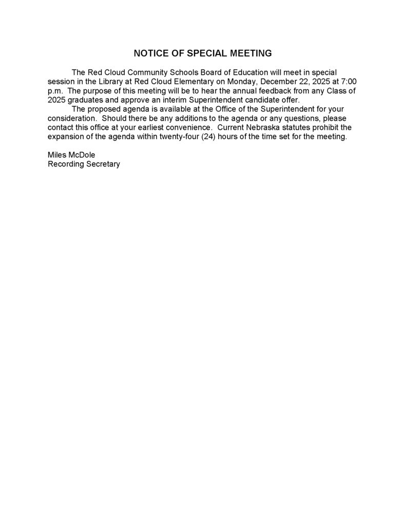 December 22, 2025 Special Meeting Notice