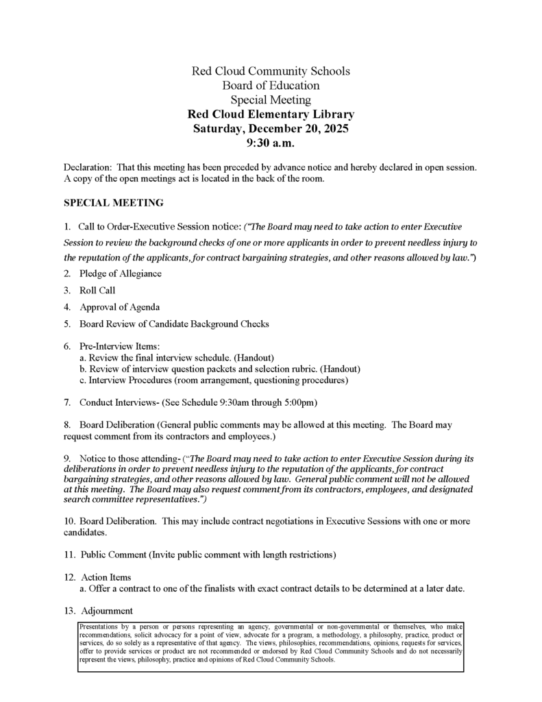 December 20, 2025 Special Meeting Agenda