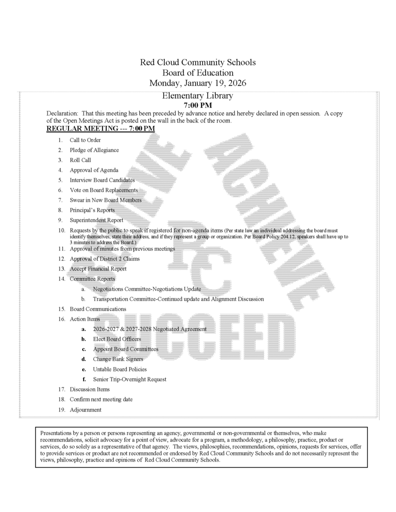 January 19, 2026 Board Agenda