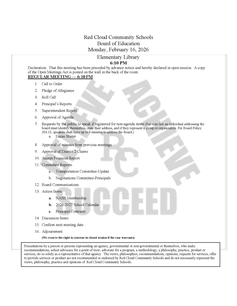 February 16, 2026 Board Agenda