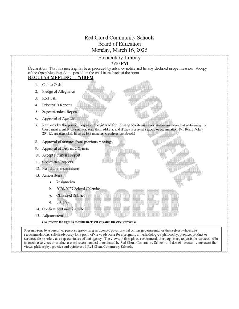 March 16, 2026 Board Agenda