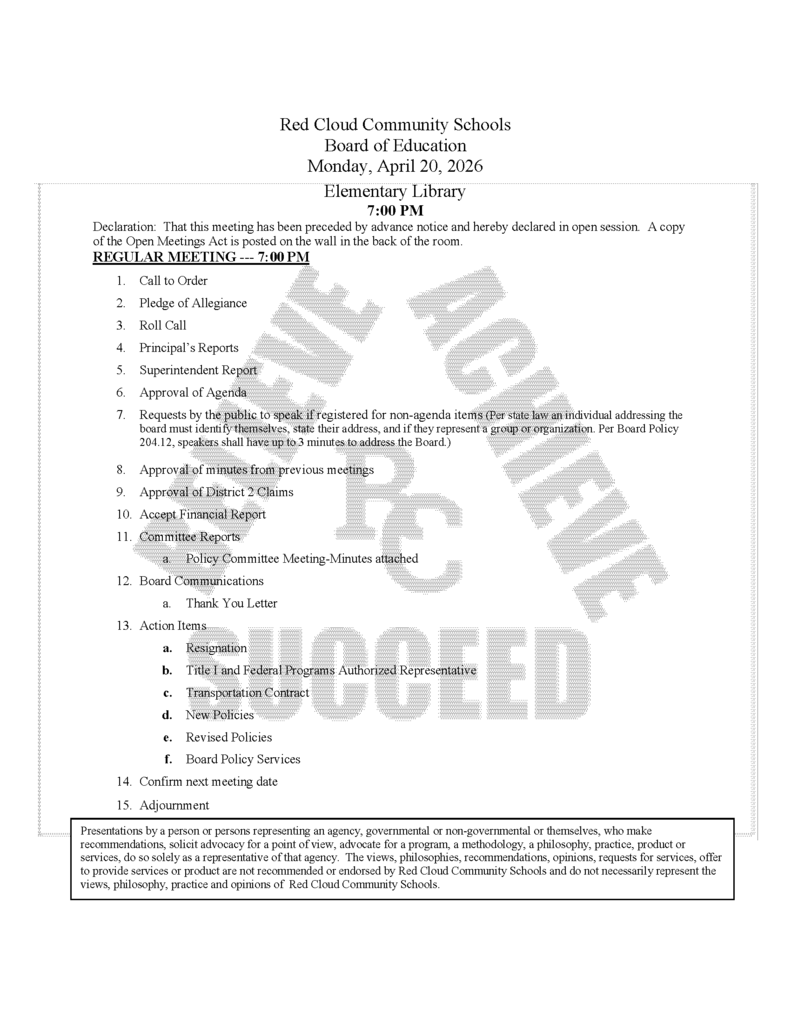 April, 20, 2026 Board Agenda