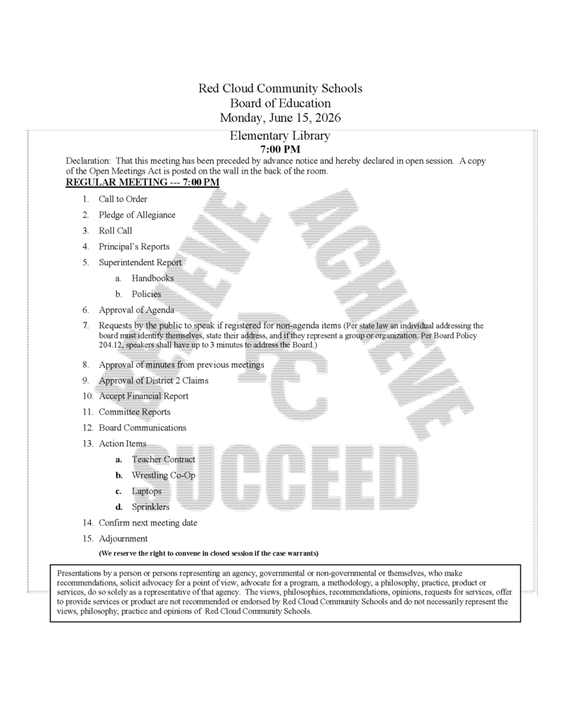 June 15, 2026 School Board Agenda