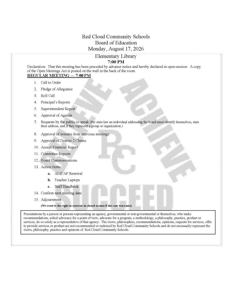 August 17, 2026 Board Meeting Agenda