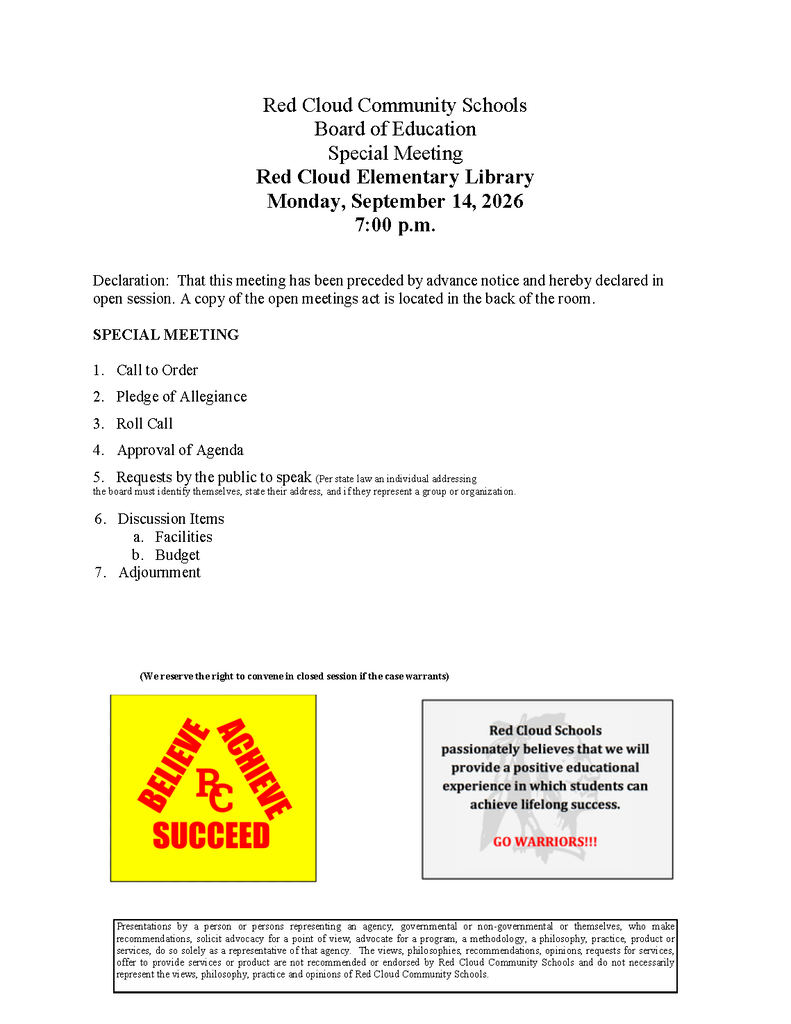 Monday, September 14, 2026 Special Meeting