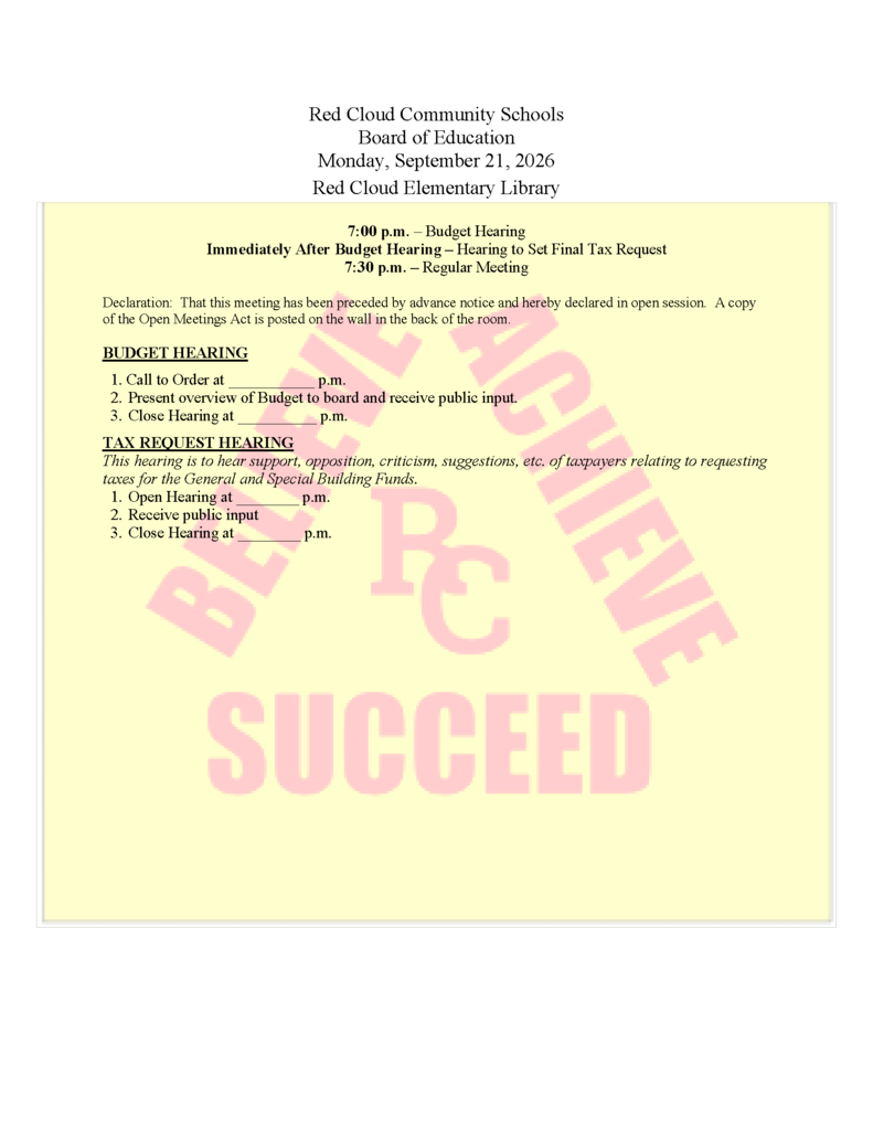 Monday, September 21, 2026 Board Meeting