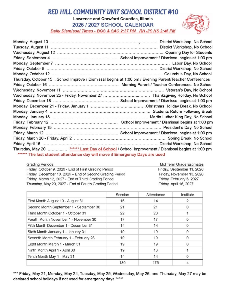 Red Hill School Calendar