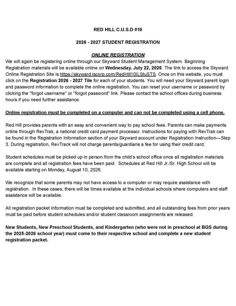 Red Hill Student Registration Information