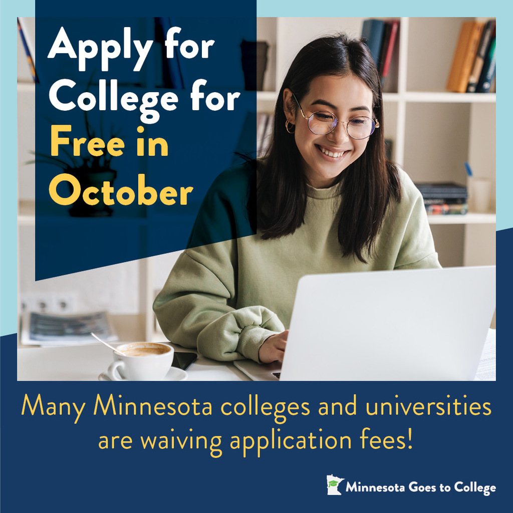 Almost all Minnesota colleges and universities are waiving application fees during the month of October for College Knowledge Month - and many are free all year. Access the full list at bit.ly/45XDZdx #MNGoestoCollege #WhyApply