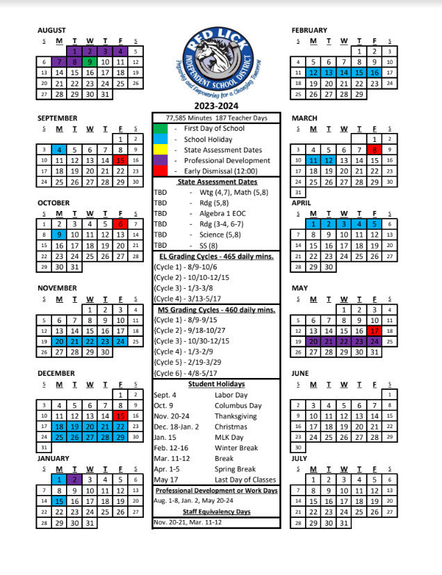 2023-2024 School Calendar | Red Lick ISD