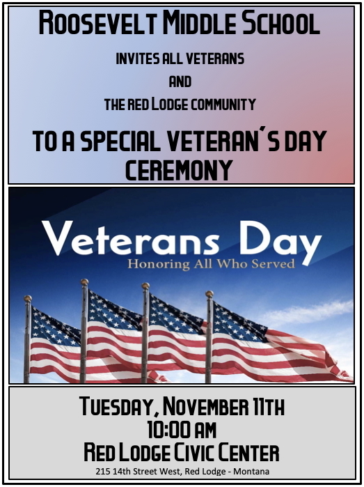Veterans Day Ceremony Red Lodge Civic Center Nov 11th 10:00 AM