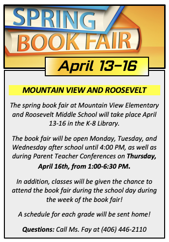 Mountain View and Roosevelt Spring Book Fair April 13-16th 1:00 to 6:30 PM