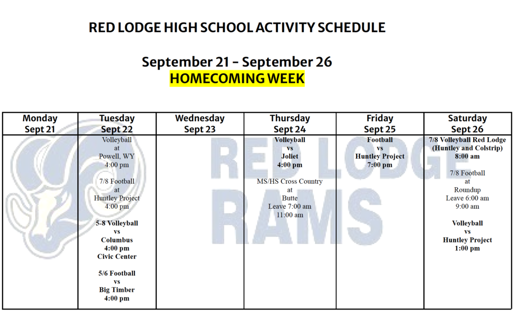 Week 5 Activity Schedule