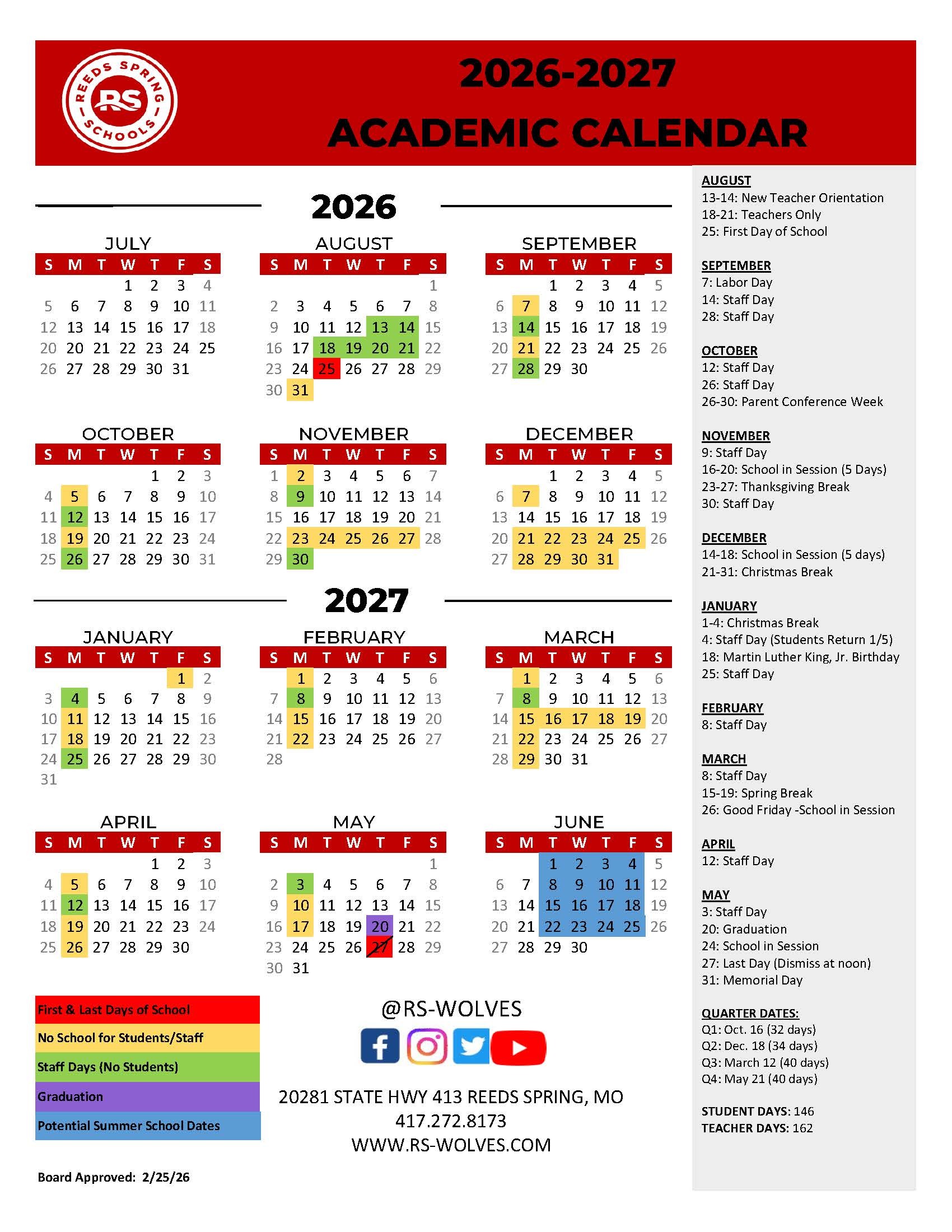 Calendar Approved for 2026-2027 School Year |