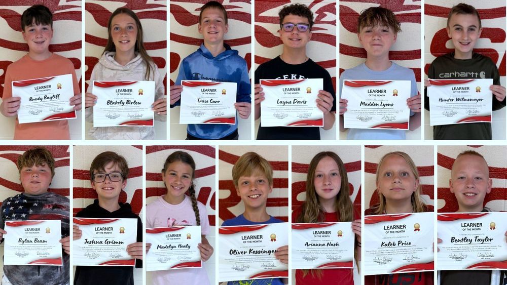 Top Row L to R - Brady Bayliff, Blakely Birlew, Trace Carr, Layne Davis, Madden Lyons, Hunter Wilmsmeyer Bottom Row L to R - Rylan Beam, Joshua Grimm, Madelyn Healy, Oliver Kessinger, Arianna Nash, Kaleb Price, Bentley Taylor