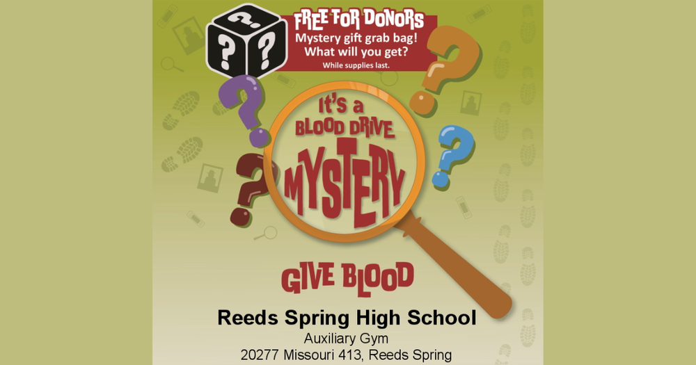 "Give Blood" with magnifying glass and "Mystery Gift Grab Bag"