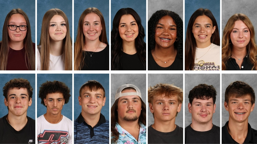 Top Row L to R - Addison Pickerill (9), Rilynn Conner (10), Chloe Clevenger (11), Alexis Campos (12), Illyssa Finney-Allen (12), Saylor Johnson (12), and Claire Ross (12) Bottom Row L to R - Liam Quiroz-Woeber (9), Parker Rodriguez (10), Tyson Phelps (11), Jayden Stevens (12), Noah Lach (12), Casen Johnson (12), and Dane Thierbach (12)