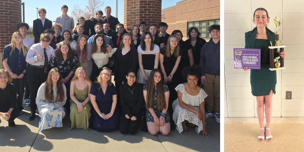 group photo of choir and Mikayla Baker holding trophy
