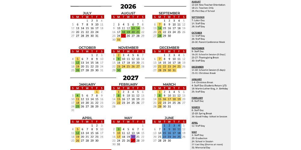 calendar of 2026 and 2027