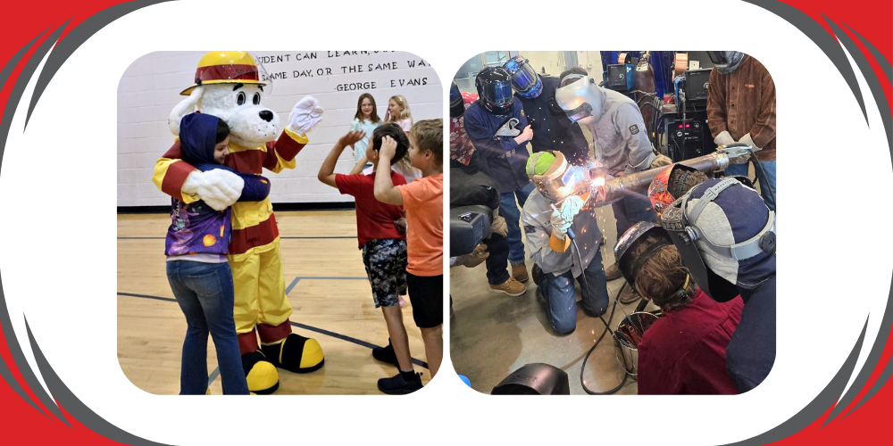 sparky the fire dog and students welding