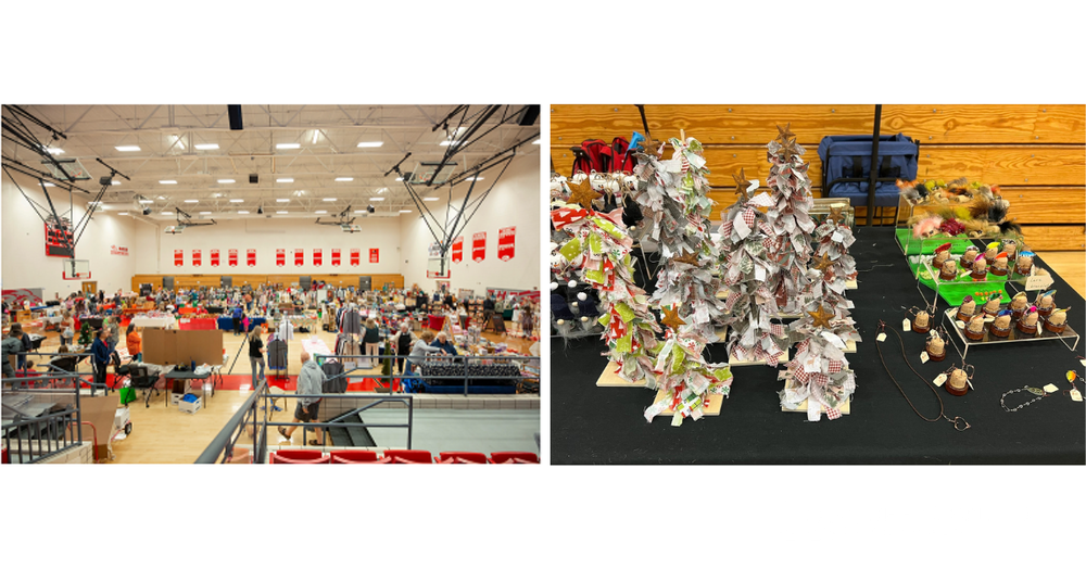 wide shot of craft fair with close up of booth