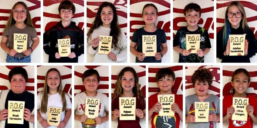 Top Row L to R - Payton Bilyeu, Isaac Buxton, Madelyn Erbelding, Alexis Lanham, Levi Miller, Adaline Vandenberg  Bottom Row L to R - Noah Cervantes, Addy Clevenger, Brody Hole, Palmer Huddleston, Zaden Irvin, Joel Tibbetts, Olivia Wangen