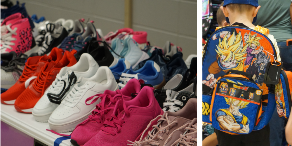 table full of shoes and boy with a backpack