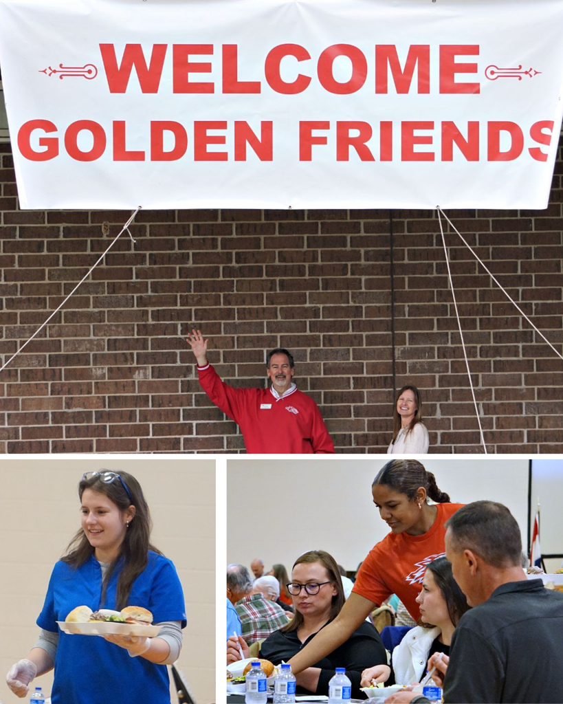 students serving food and sign that reads Golden Friends