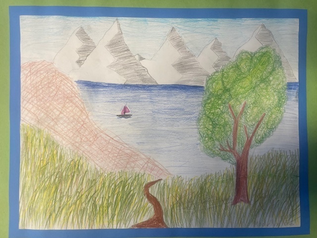student drawing of lake landscape