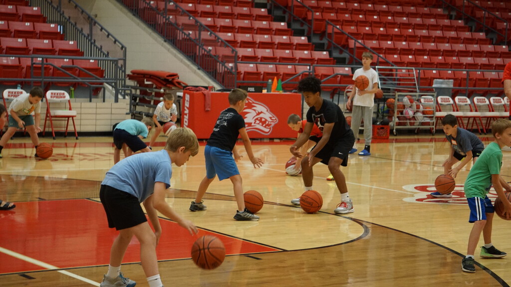 Boys dribbling basketballs