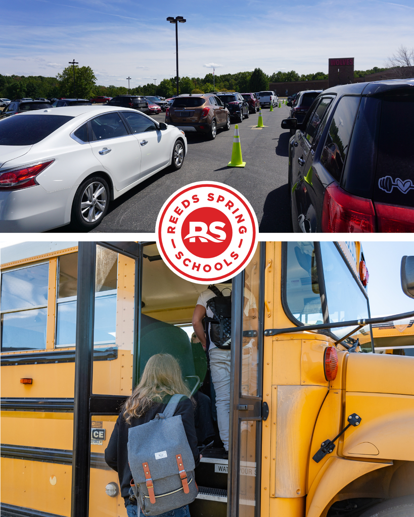 Cars lined up outside of school, and a student getting on a bus.