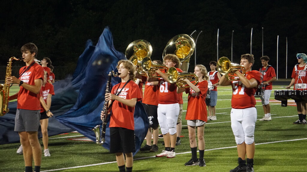 Band members on the field performing.