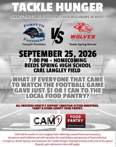 "Tackle Hunger" with Forsyth and Reeds Spring logos
