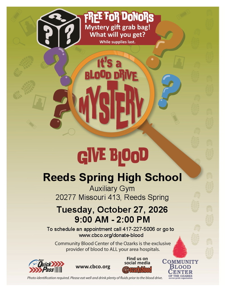 Magnifying glass with words "Mystery Grab Bag Blood Drive"