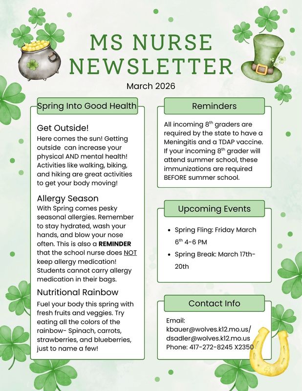 MS Nurse Newsletter with pot of gold and leprechaun hat