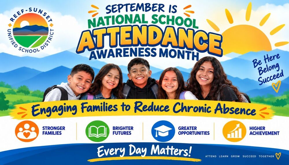 RSUSD September National Attendance Awarness Month Info banner with students smiling in front of sun and mountains