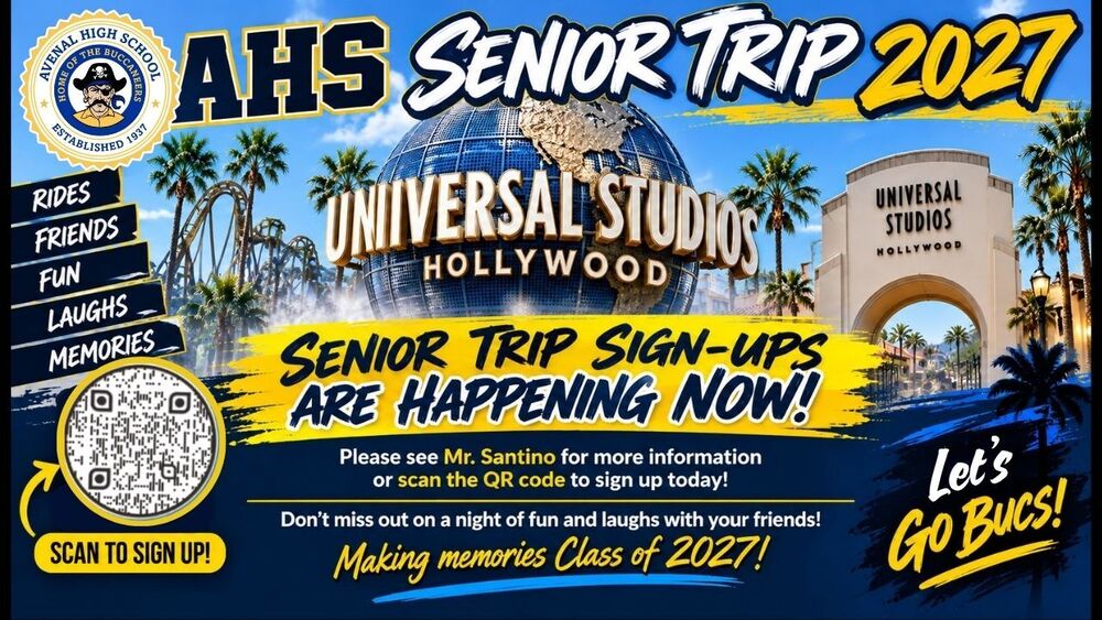 AHS Senior Trip 2027 informational meeting banner