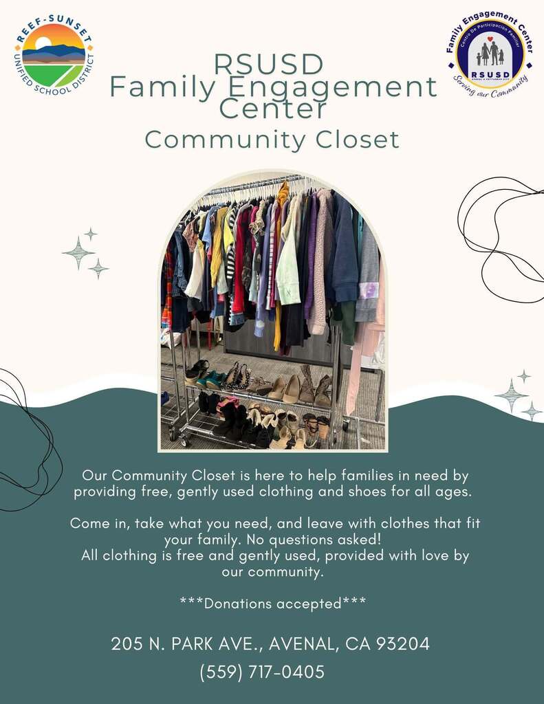 EFC Community Closet flyer showing clothing and shoes on a rack