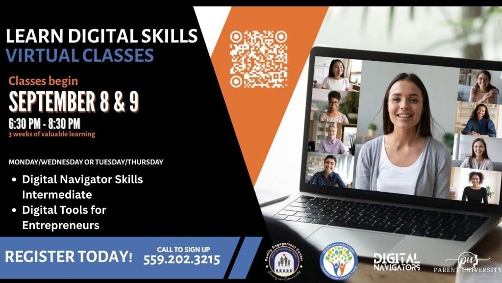 Learn Digital Skills Virtual Classes informational flyer with laptap zoom meeting image