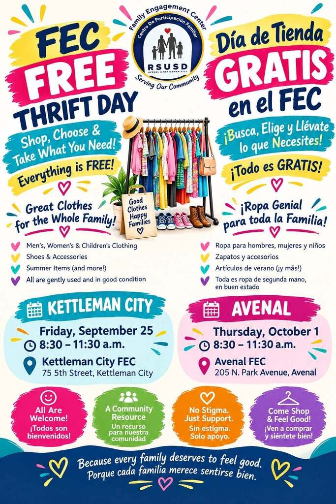 FEC Free Thrift Day flyer with information about upcoming event in Kettleman City