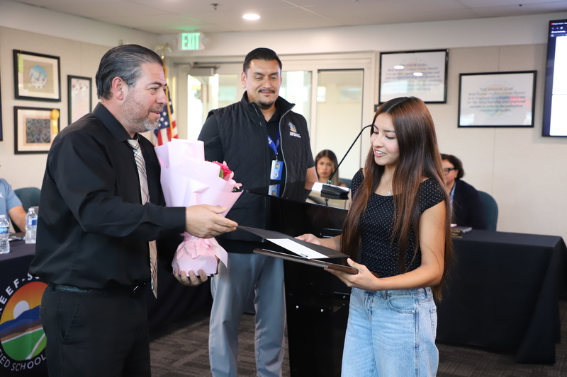 RSUSD Board student recognition with superintendent and athletic director