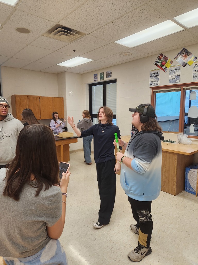 Students working in lab groups with bubbles. 