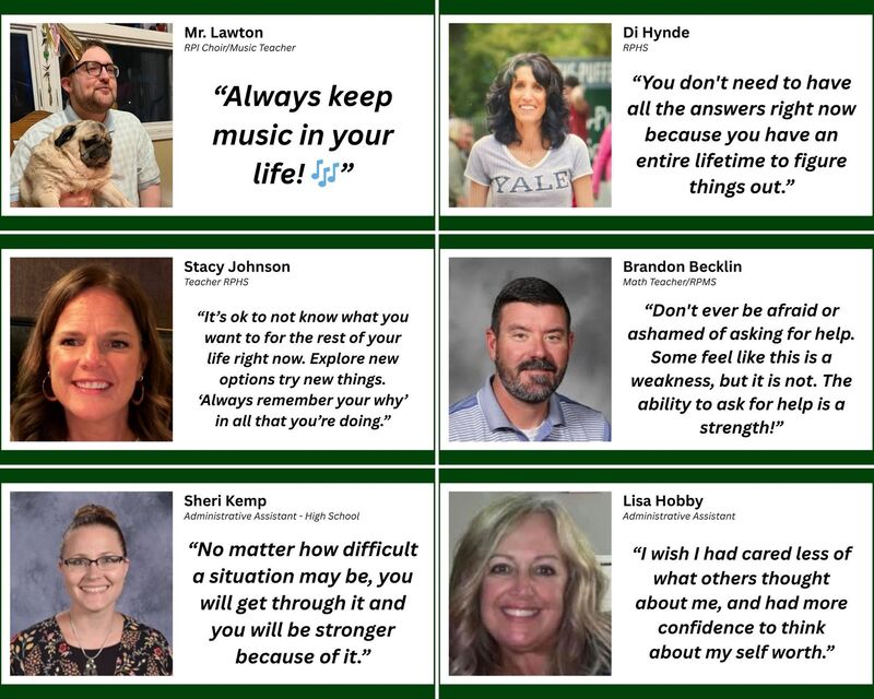 Faculty advice card for the Class of 2026 featuring graduation advice from a Reeths-Puffer staff member.