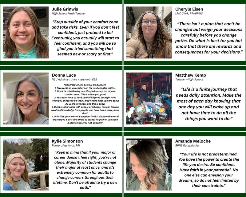 Faculty advice card for the Class of 2026 featuring graduation advice from a Reeths-Puffer staff member.