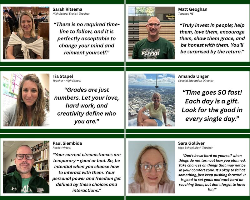 Faculty advice card for the Class of 2026 featuring graduation advice from a Reeths-Puffer staff member.