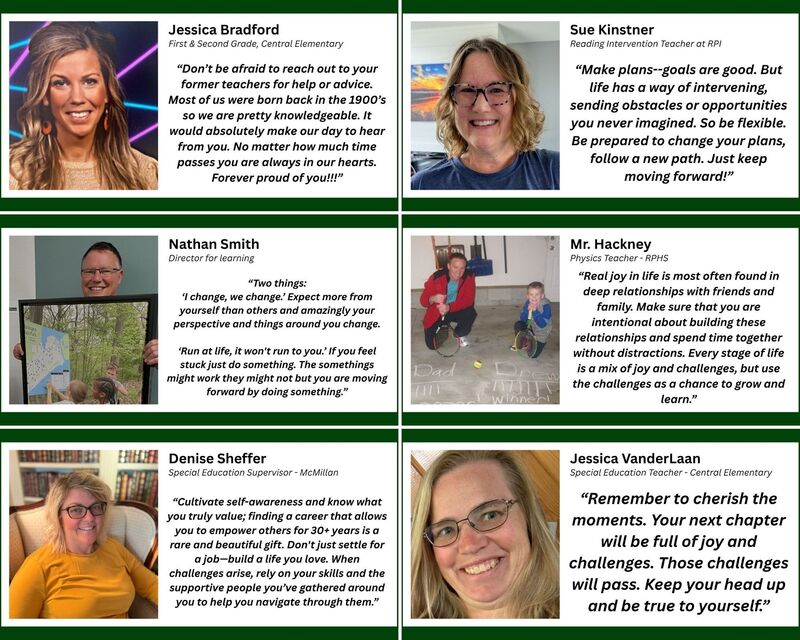 Faculty advice card for the Class of 2026 featuring graduation advice from a Reeths-Puffer staff member.