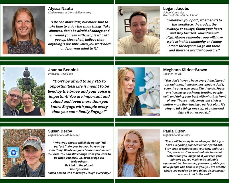 Faculty advice card for the Class of 2026 featuring graduation advice from a Reeths-Puffer staff member.