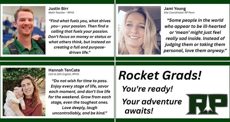 Faculty advice card for the Class of 2026 featuring graduation advice from a Reeths-Puffer staff members.
